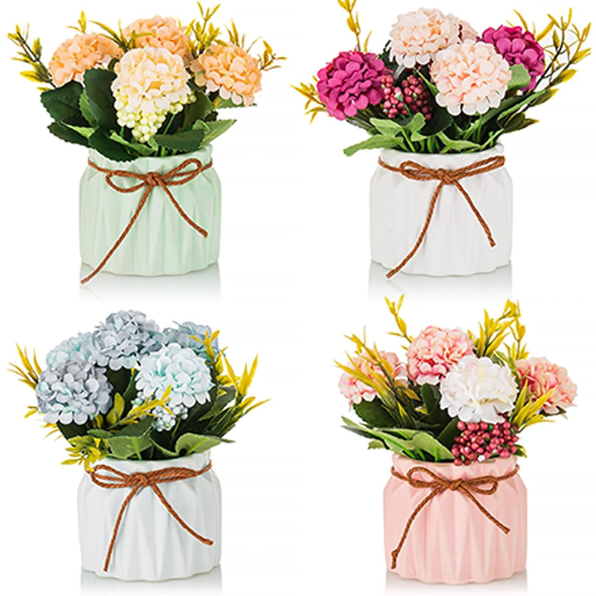 Fake Flowers In Vase For Centerpieces: 4 Pcs 5.9 Inch Small Artificial Hydrangea With Vase Table Decor - Faux Floral Arrangements Desk Home Party Bathroom Office Decorations