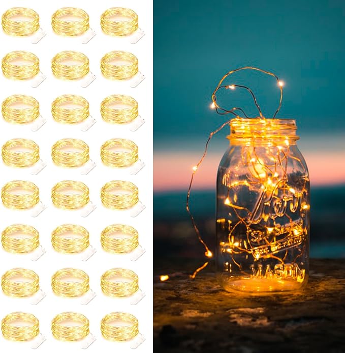 24 Pack Battery Operated Fairy Lights 7FT 20 LED Warm White Waterproof Silver Wire String Lights for Bedroom Wedding Party Decor