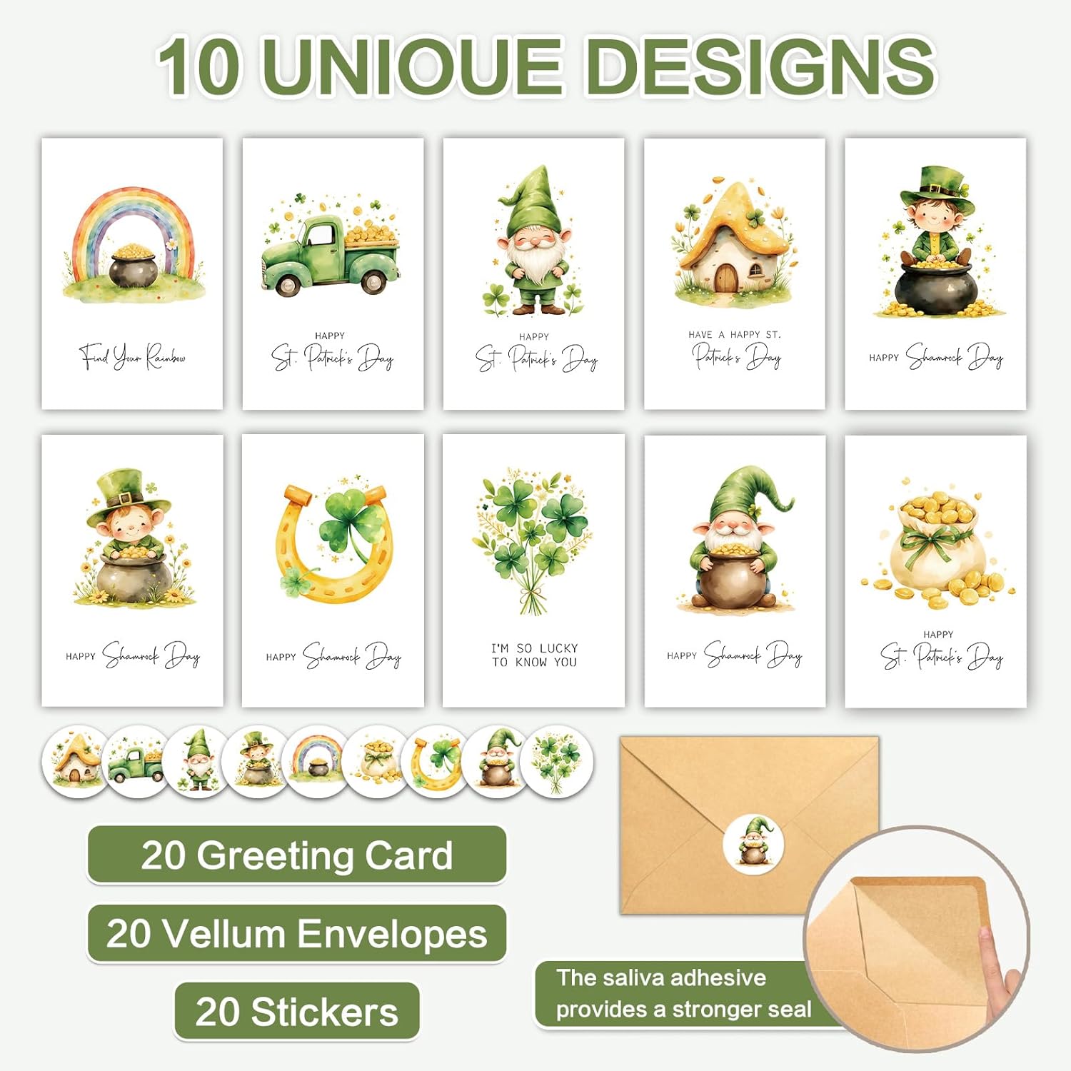 20 Pack St. Patricks Day Cards With Envelopes, 4X6In Bulk Watercolor Cartoon Shamrock Rainbow Gold Coin Holiday Card Designs For Family, Students, Employees