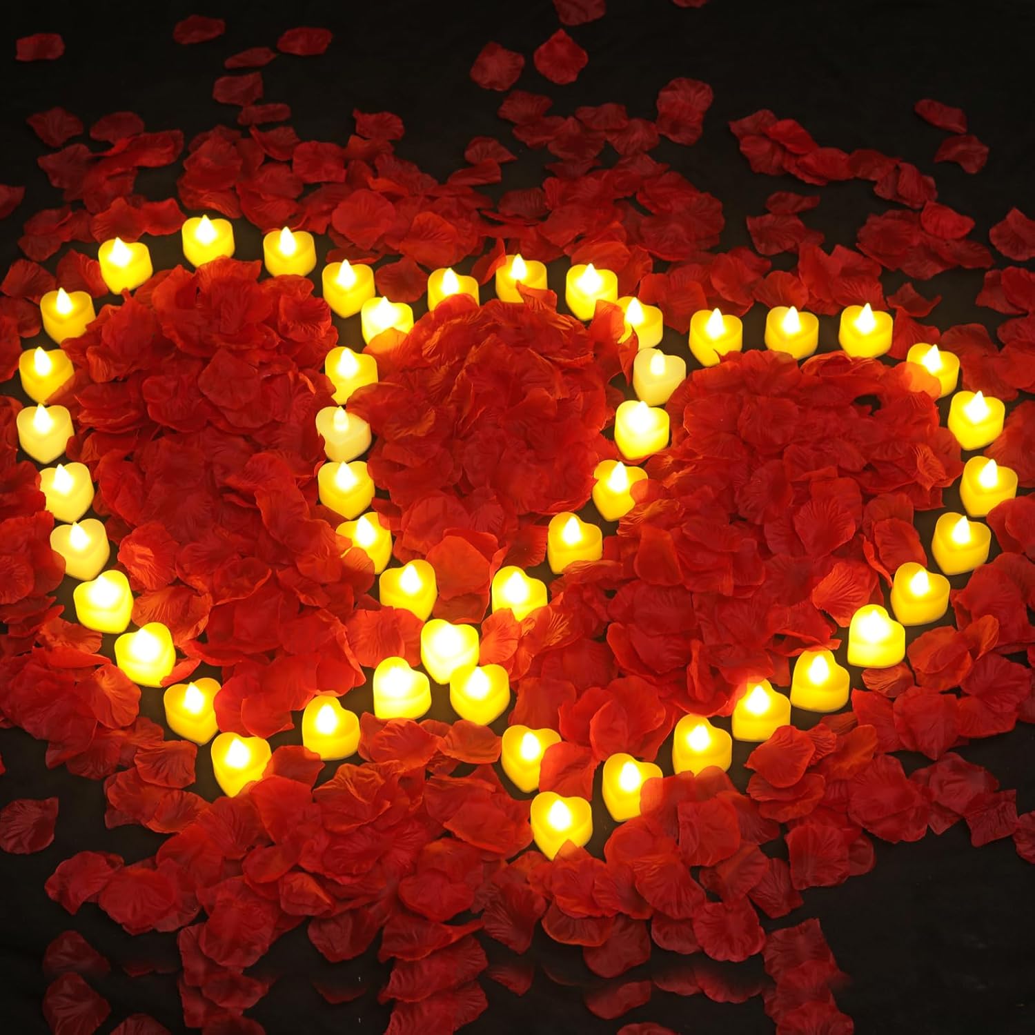 6000 Pcs Artificial Rose Petals With 72 Pcs Romantic Flameless Candles, Led Heart Tea Lights Battery Operated For Romantic Night Wedding Anniversary Table Party Decoration
