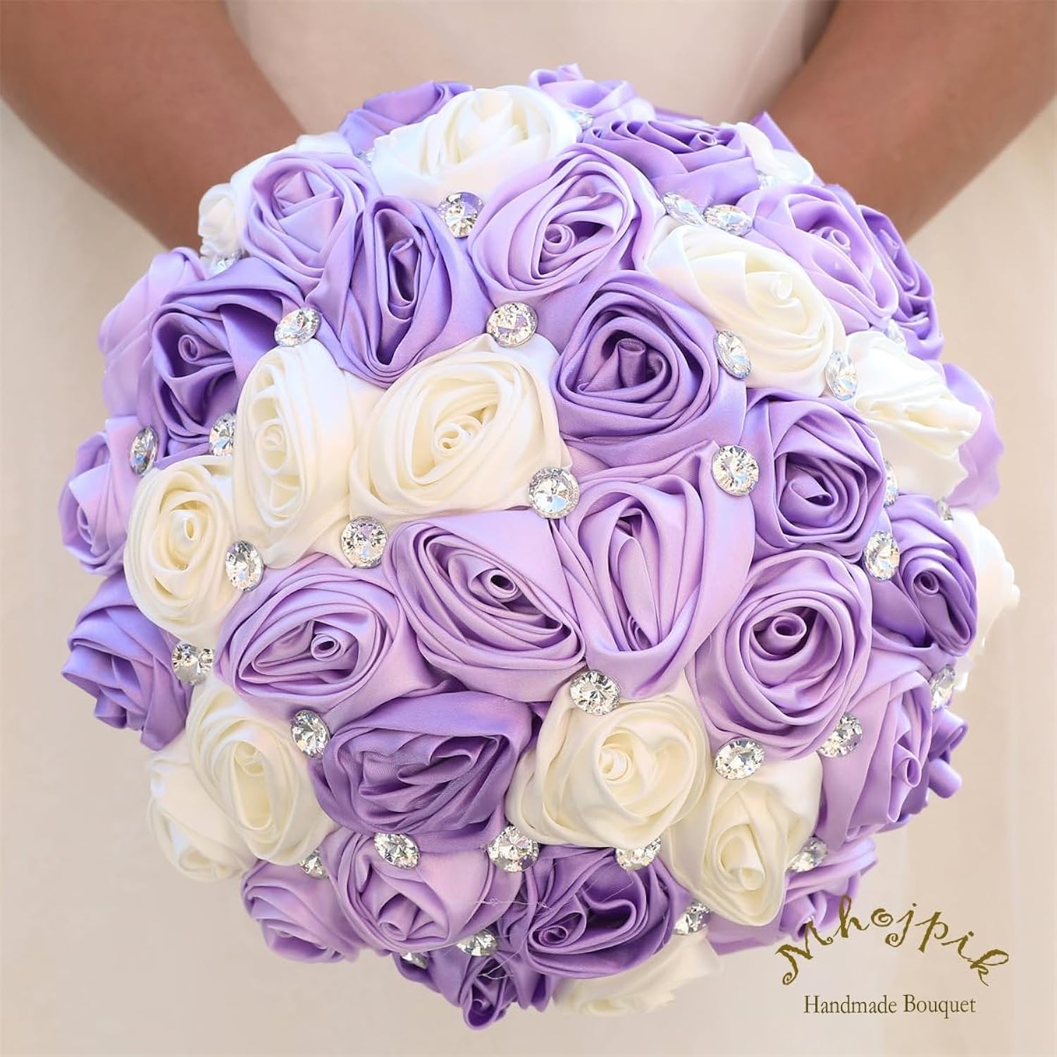 6.3" Lavender, Lilac & Ivory Bridal Wedding Bouquet Round Holding Bouquet Throw Toss Artificial Rose Flower Bunch For Bride Bridesmaid Wedding Quinceanera