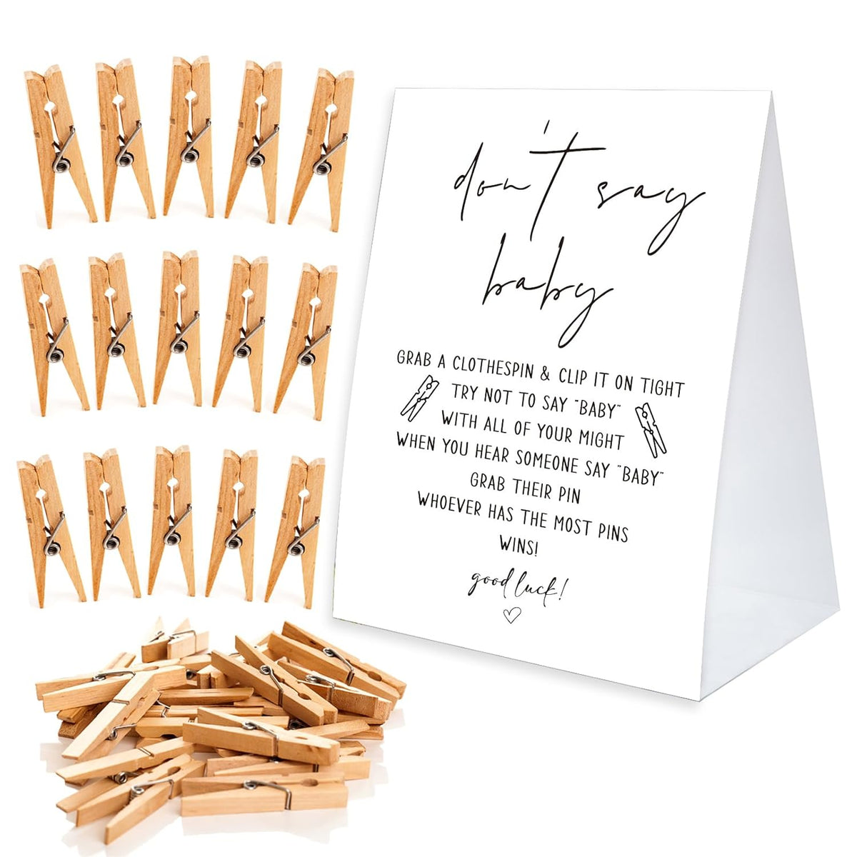 Don'T Say Baby Game For Baby Shower Clothespin Game, One 5X7 Coated Paper Sign And 50 Natural Clothespins, Minimal Style, Gender Neutral -Ndsbb09
