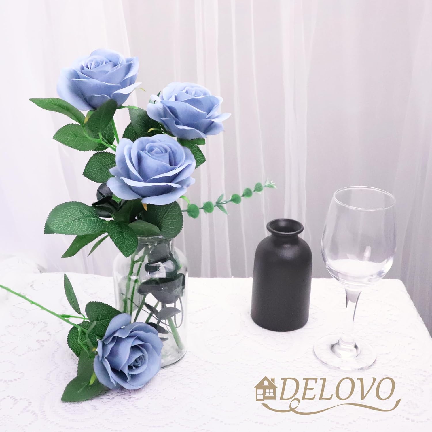 52Pcs Dusty Blue Roses Artificial Flowers Fake Flowers Silk Roses With Stems For Diy Wedding Bouquets Bridal Shower Centerpieces Arrangements Party Decorations