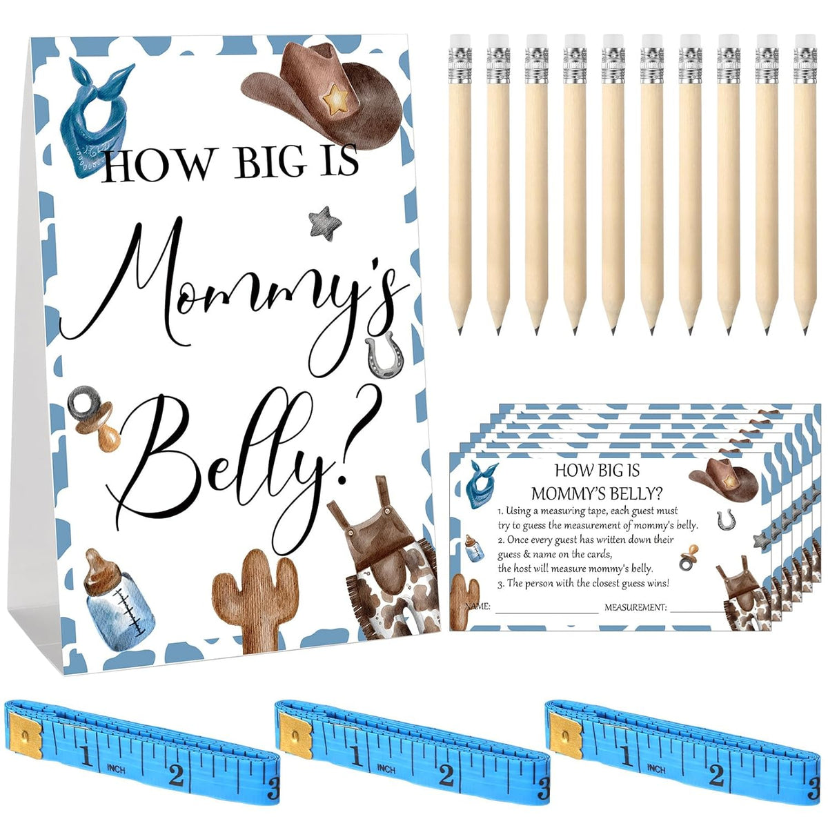 64 Pcs Baby Shower Games Include How Big Is Mommy'S Belly Sign Measure Bump Game 50 Cards 10 Pencils 3 Measuring Tapes For Baby Shower Gender Reveal Party Supplies(Cowboy)