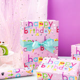 Pink Girls Birthday Wrapping Paper - Mini Roll - 17 Inch X 16.5 Feet - Colorful Happy Birthday Wrapping Paper With Silver Foil Hearts Design For Kids Girls, Baby Shower