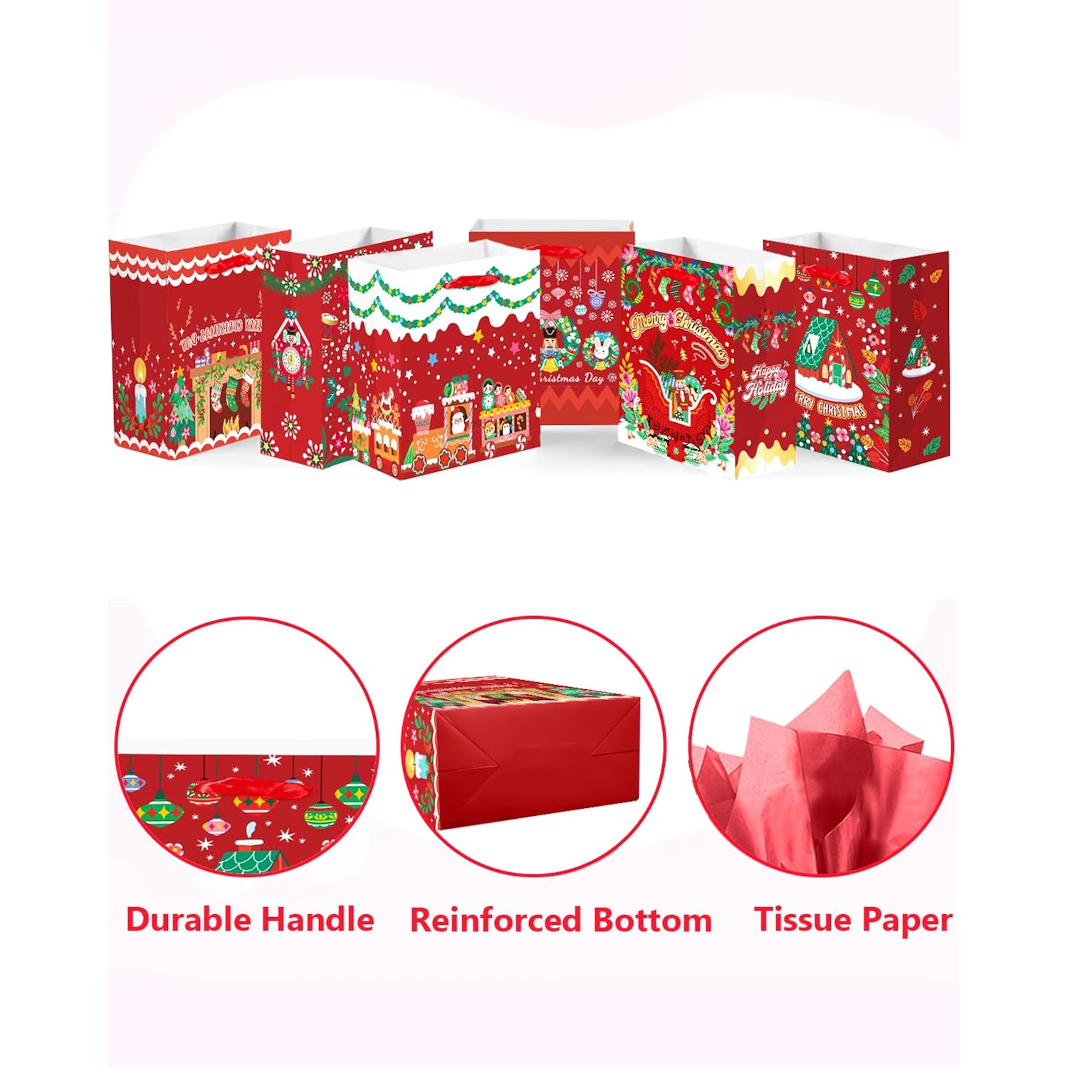 Christmas Gift Bags Set Of 8 - White Bags With Skibobs Design(8Pcs With Different Patterns, 24Pcs Tissue Paper Included, Medium Size 4.3"X 7.7"X 9.6")