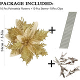 10 Pcs Christmas Artificial Flowers With Clips Stems Xmas Tree Decoration Glitter 5.5Inch Poinsettias Faux Christmas Flower For Wreath Garland New Year Wedding Home Party Ornament, (Gold)