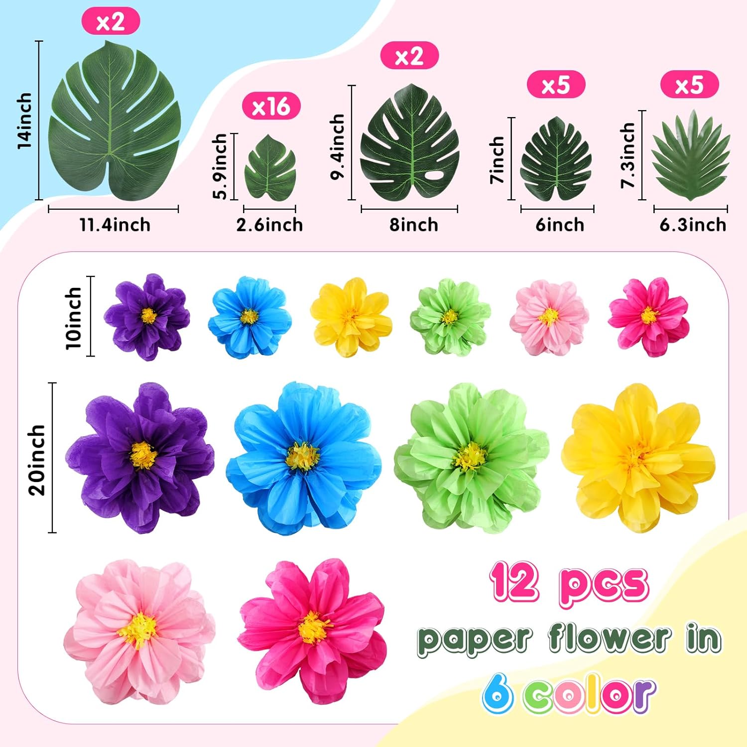 42 Pcs Tissue Paper Flowers Faux Palm Leaves Set 12 Pcs 20''/10'' Colorful Giant Paper Flowers And 30 Pcs Tropical Leaves For Summer Hawaiian Luau Mexican Fiesta Birthday (Stylish Colors)