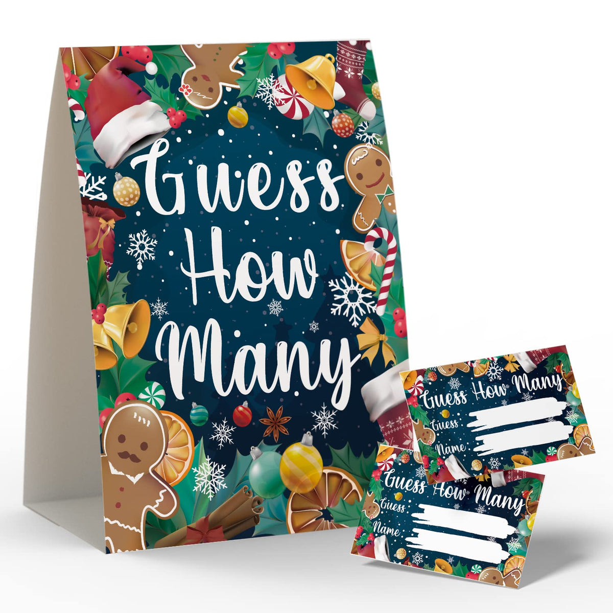 Christmas Party Games - How Many, 1 Standing Sign + 50 Cards, Christmas Party Ideas, How Many Kisses Game, Christmas Party Games For Kids / Cm003