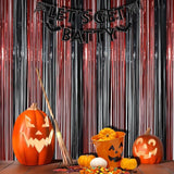 2 Pack Black Red Foil Fringe Curtains 3.2x8.2ft Backdrop for Halloween Party Decor