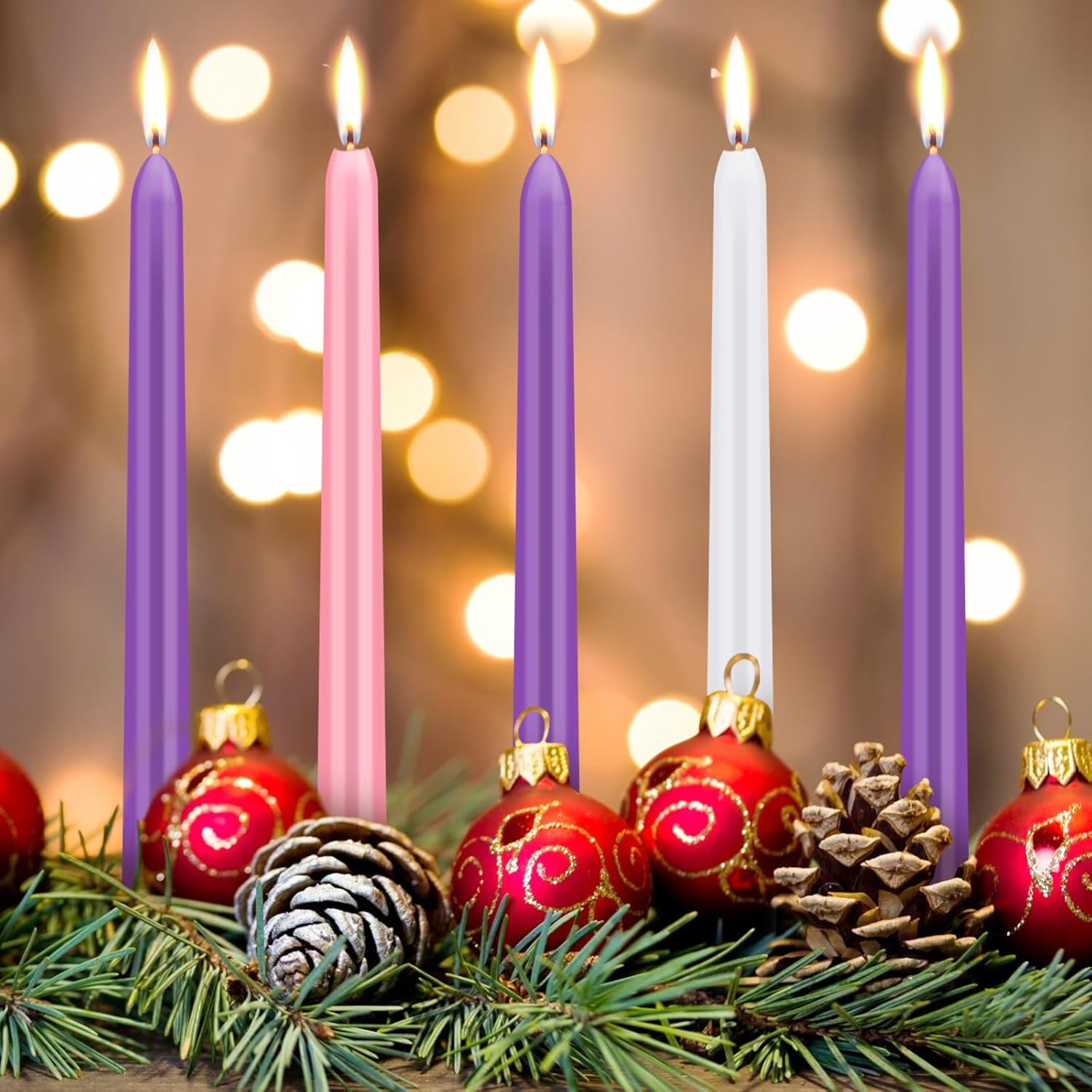 30 Pcs Christmas Advent Candles Taper Candle Light Christmas Advent Wreath Candle Holder Purple Pink White Candles For Christmas Holidays Churches Celebration Party Home Decor