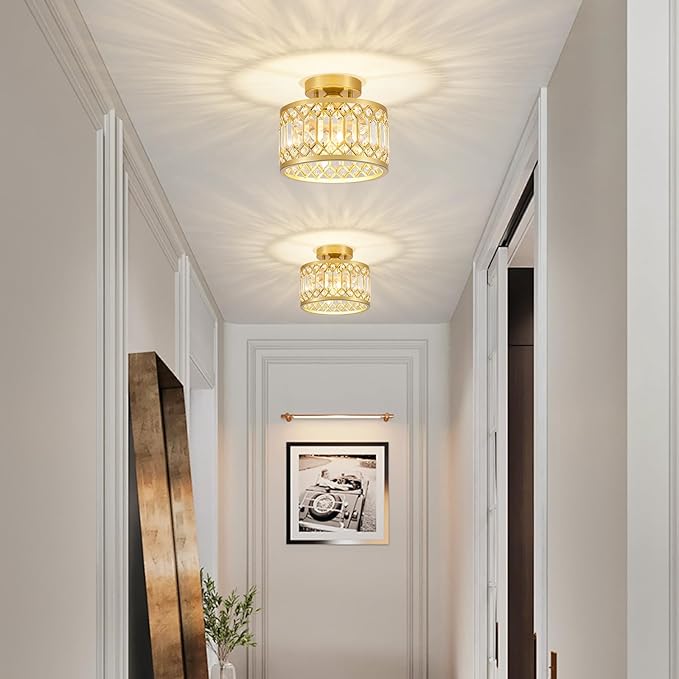 9 Inch Gold Crystal Semi Flush Mount Ceiling Light Modern Fixture