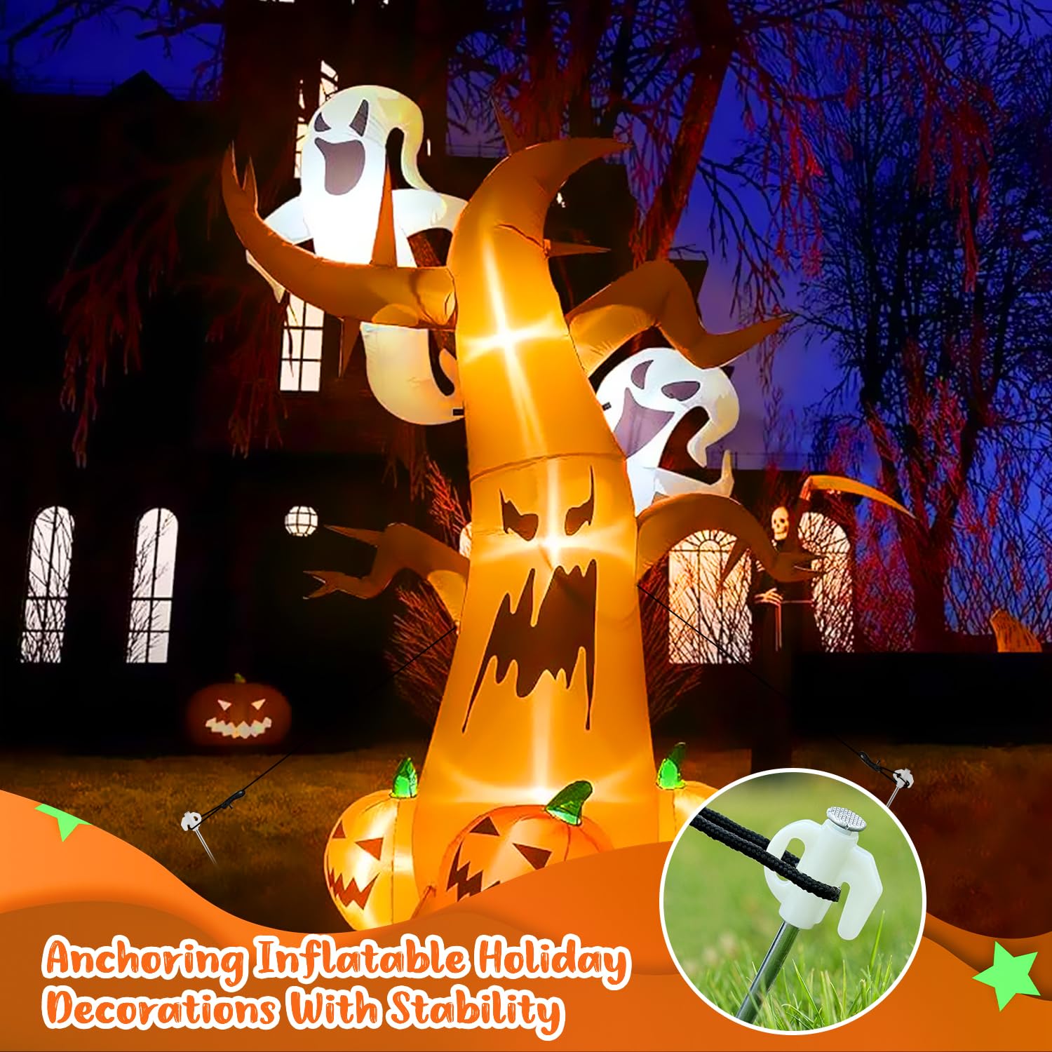 8 Pcs Metal Inflatable Stakes And Tethers Set, Heavy Duty Metal Ground Stakes With Ropes, Hooks & Adjusters, Yard Anchor