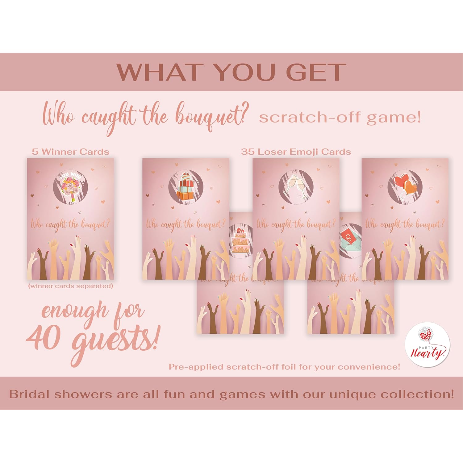 Bridal Shower Games 40 Raffle Cards, Who Caught The Bouquet Funny Emoji Scratch Off Lottery Tickets, 5 Winners, Wedding Shower, Engagement Or Bachelorette Party, Rose Gold Foil