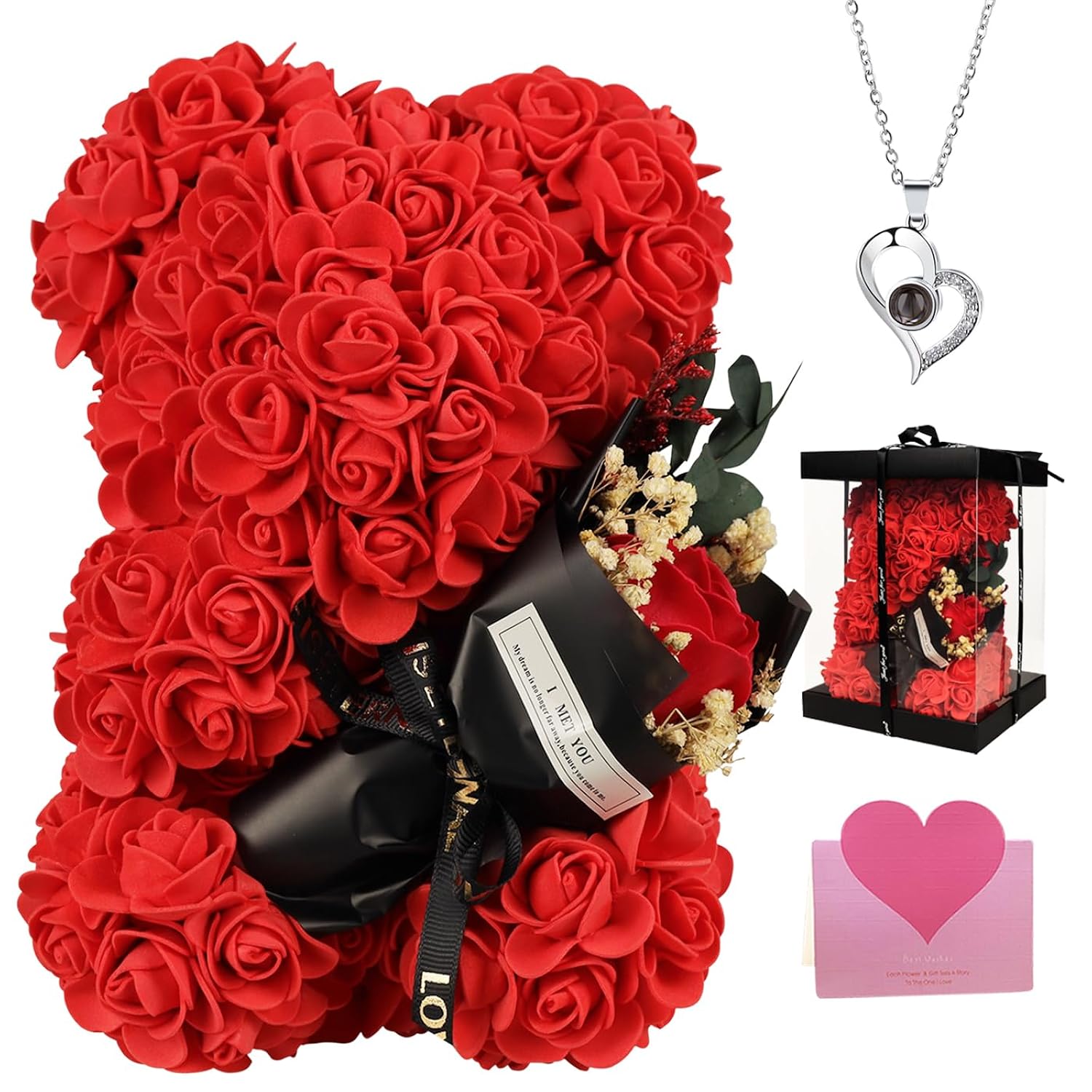 Valentines Day Gifts For Her, Rose Bear Birthday Gift, Rose Teddy Bear Gift For Girlfriend, Flower Bear With Rose Bouquet And I Love You Necklace, For Wife/Mother
