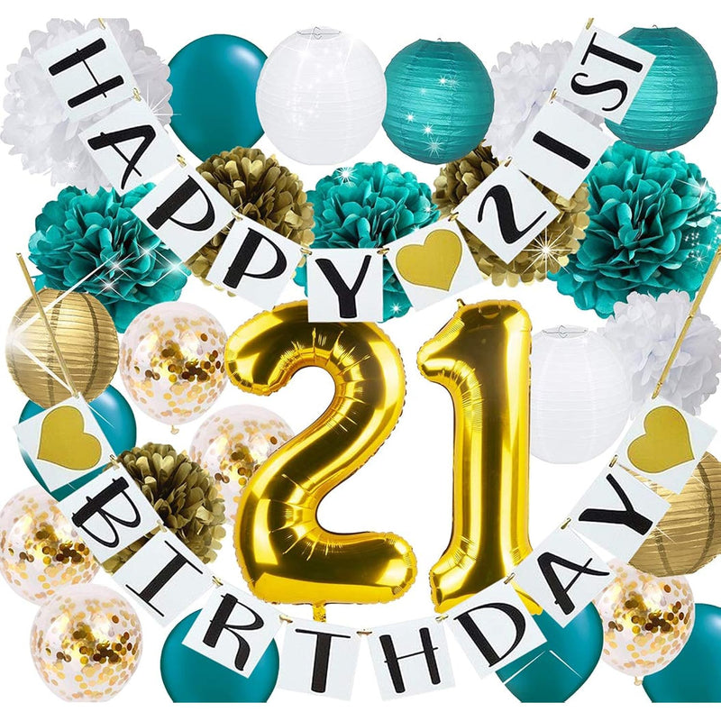 21St Birthday Decorations Teal Gold/Gold Confetti Latex Balloons Tissu