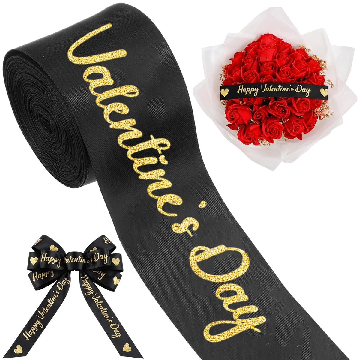 10 Yards Happy Valentine'S Day Ribbon Glitter Black Gold Heart Ribbon Craft For Hair Bow Wreath Crafts Gift Wrapping Flower Bouquet Anniversary Wedding Decor Birthday Party Supply(2 Inch)
