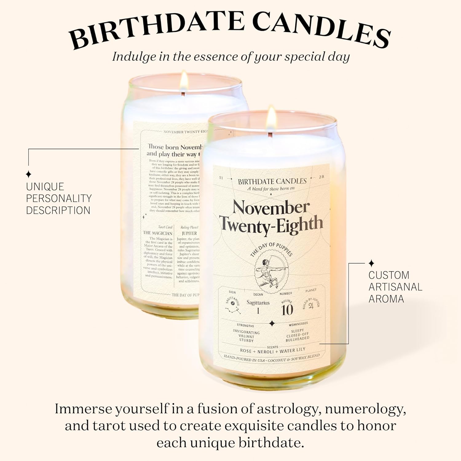 Birthdate Candles, November 28 - Sagittarius Zodiac Scented Candles Birthday Gift - Rose, Neroli & Water Lily Scent - All-Natural Soy & Coconut Wax, 60-80 Hour Burn Time - Made In Usa