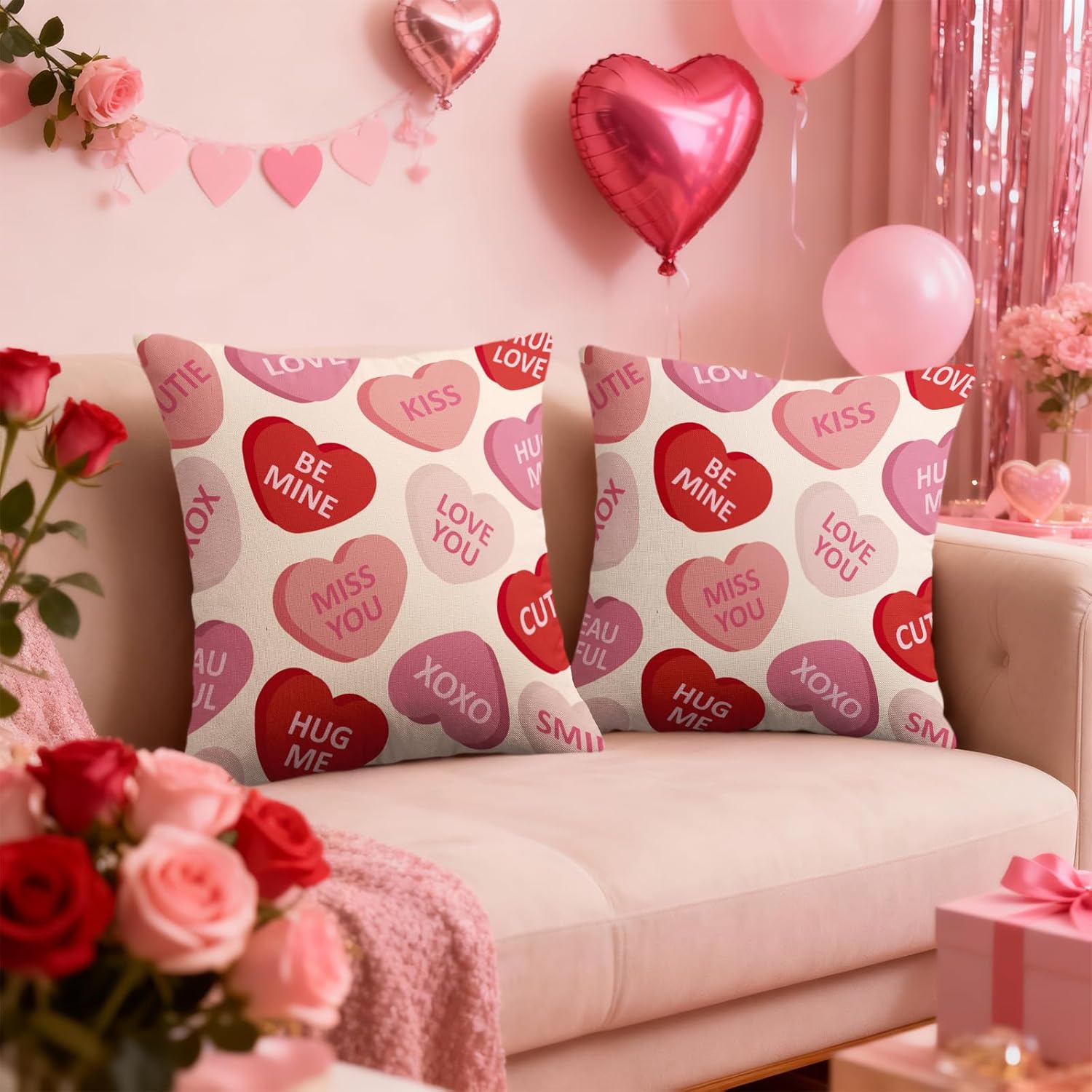 Valentines Pillow Covers 20X20 Set Of 2, Valentine'S Day Pink Red Heart Print Holiday Throw Pillowcases Anniversary Decorative Outdoor Farmhouse Cushion Cases Couch Sofa Bed Decor