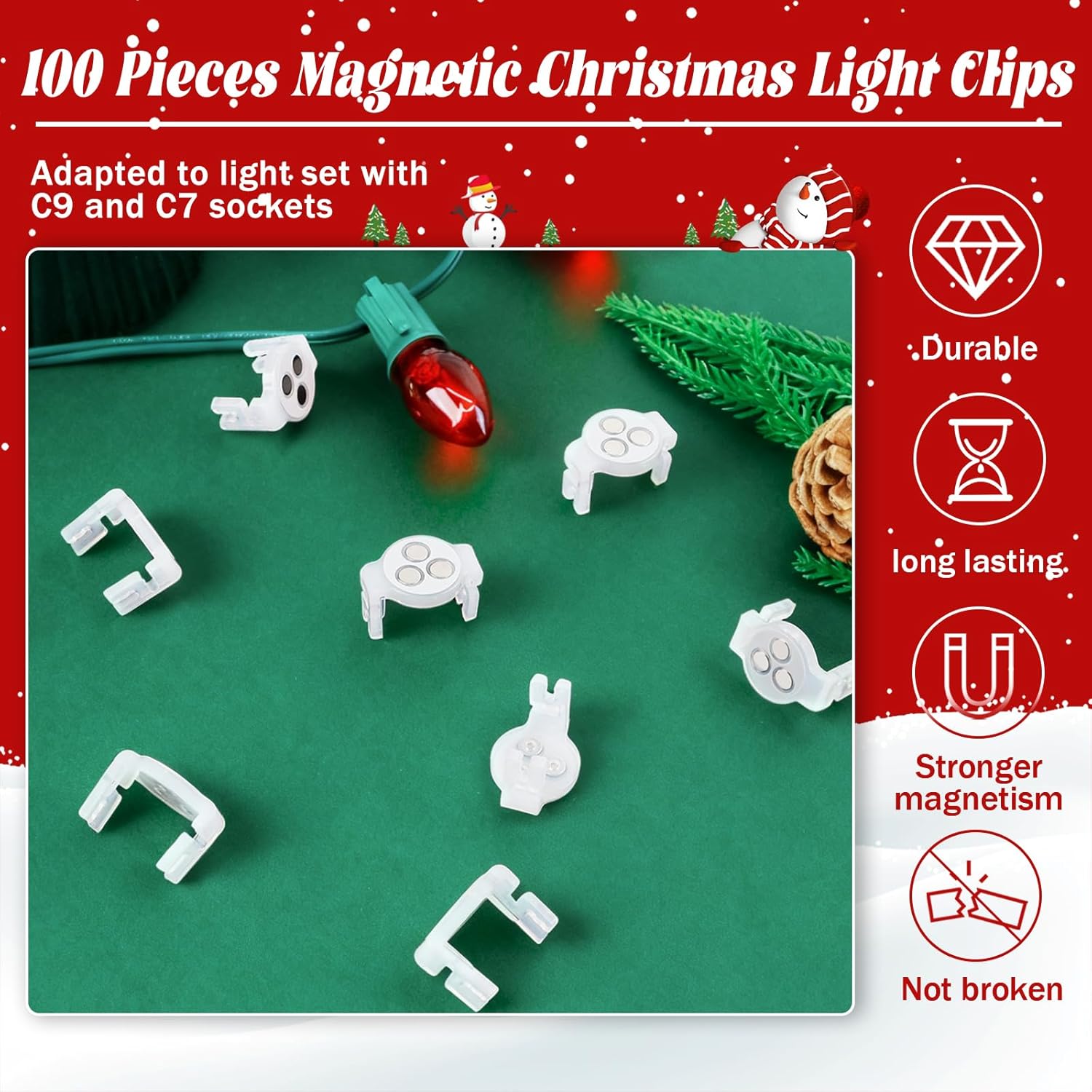 100 Pack C9 Magnetic Christmas Light Clips, Extra Strong Magnetic Clips Hooks For Christmas Lights, Magnet Christmas Light Clips For C9 C7 Sockets Metal Roof Gutters Outside Patio Holiday Lighting