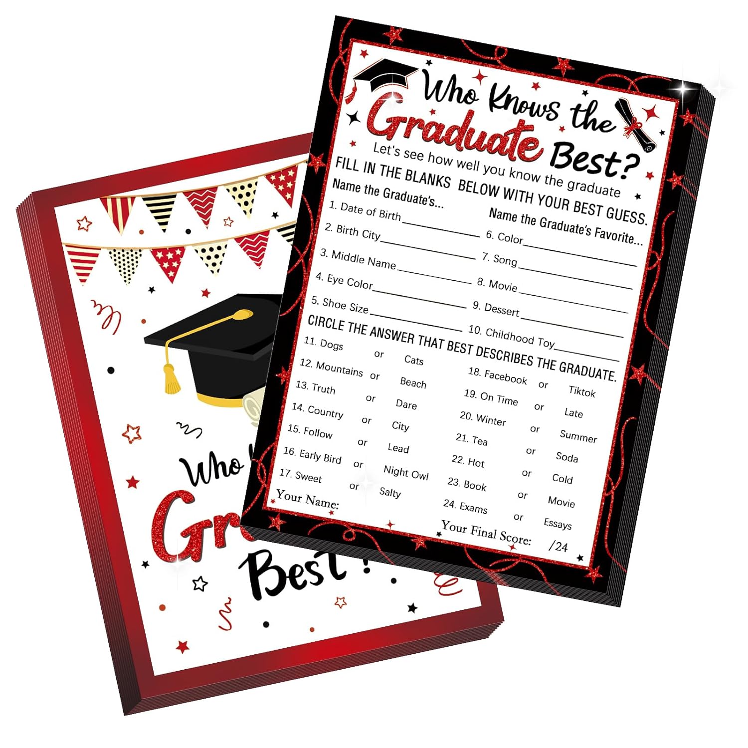 30 Players Who Knows The Graduate Best Graduation Party Games, Class Of 2025 Grad Game, Cool Graduation Party Favor Supplies Ideas For High College Senior School Party Decorations Black Red B