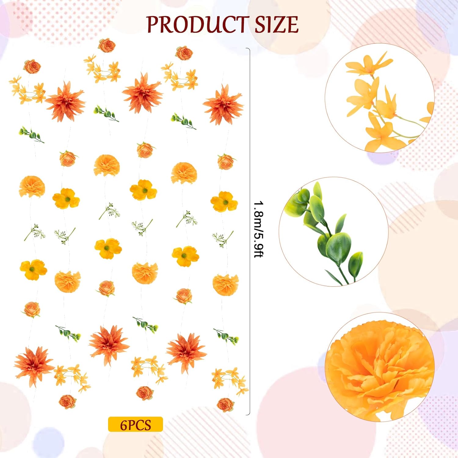 6 Pcs Artificial Flowers Garlands Hanging Decorations,35.4Ft Flower Garlands Hanging Wildflower Wall Backdrop For Home Garden Spring Summer Wedding Party Arch Wall Fall Decor(Orange)