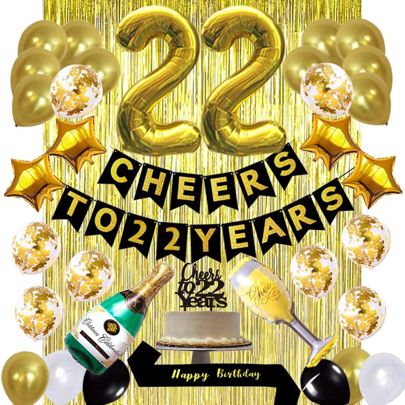 Gold 22Nd Birthday Decorations Kit, Cheers To 22 Years Banner Balloons