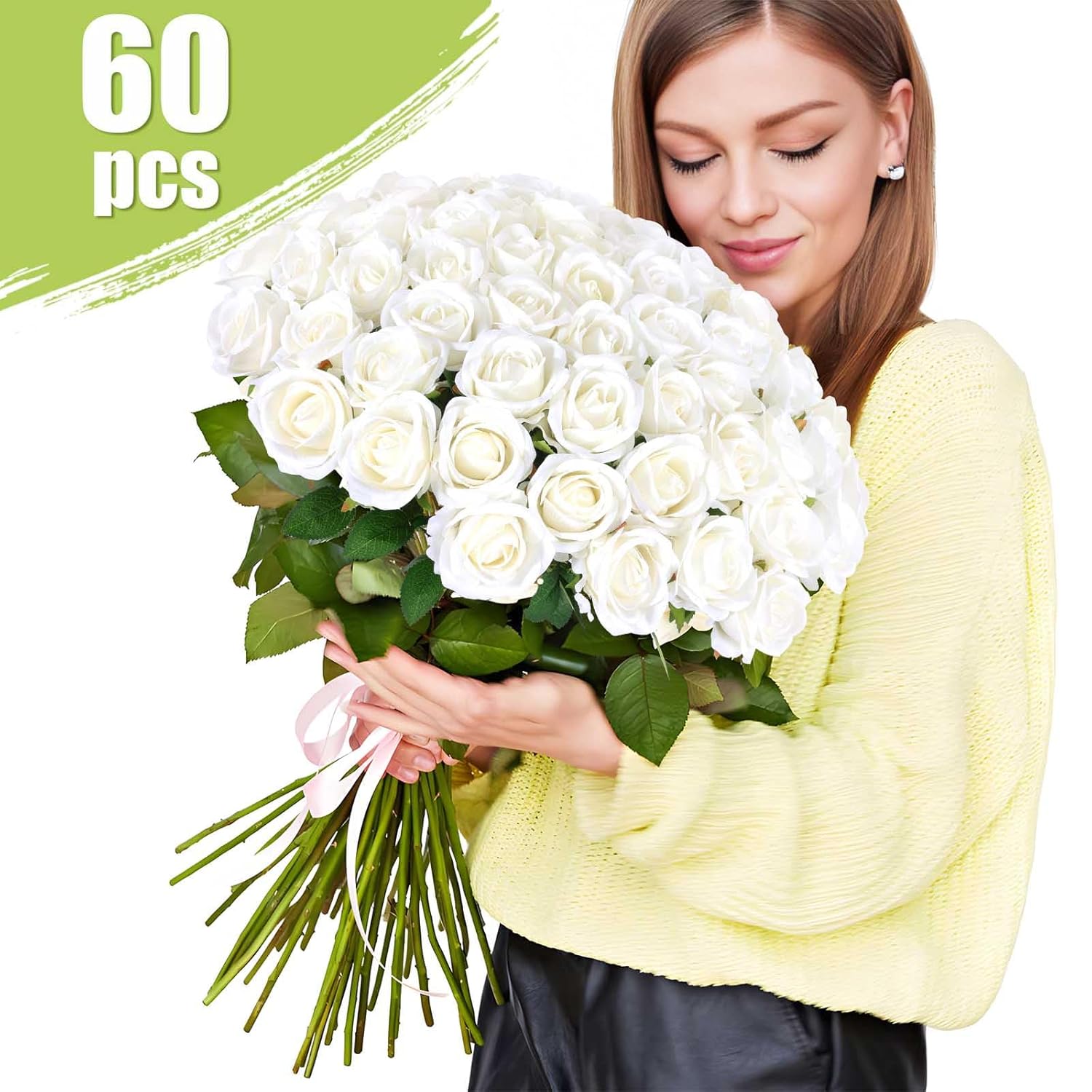 60 Pcs Artificial Roses Bulk Velvet Silk White Roses White Roses For Wedding Centerpieces Bridal Bouquet Mohter'S Day Valentine'S Day Home Decor (60, White)