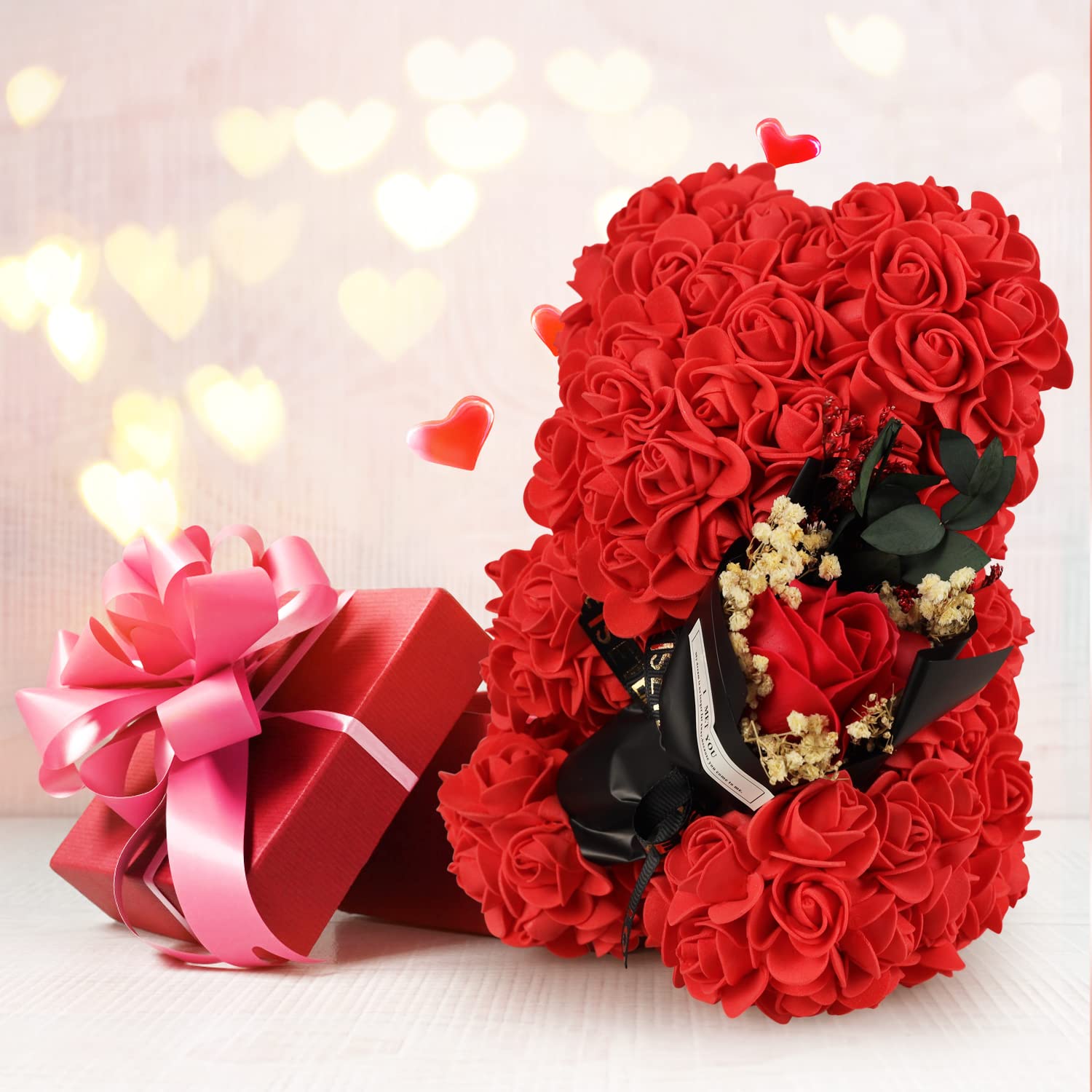 Valentines Day Gifts Rose Bear Gifts For Her, Flowers Gifts For Mom Wife Grandma Girlfriend Sister Women,Artificial Flowers Teddy Bear With Bouquet,Greeting Card,Mother'S Day Birthday Anniversary