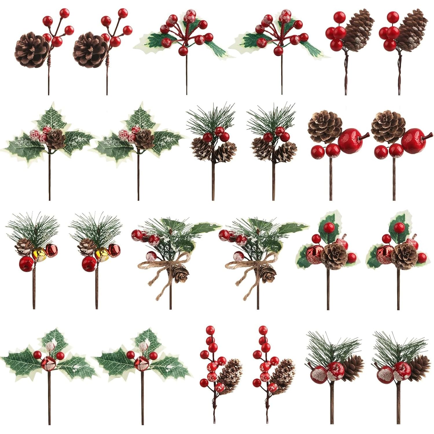 36 Pcs Artificial Christmas Pine Picks Christmas Berries Artificial Stem With Pinecones Apples Bells Christmas Flower Picks For Christmas Tree Wreath Arrangement Winter Holiday Decor