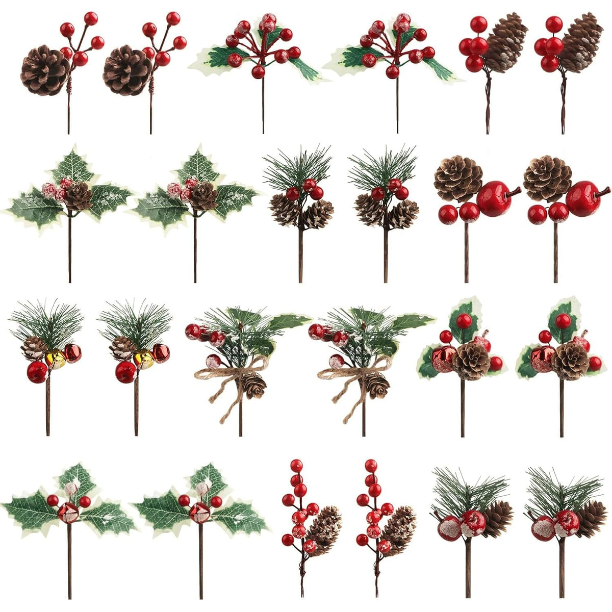 36 Pcs Artificial Christmas Pine Picks Christmas Berries Artificial Stem With Pinecones Apples Bells Christmas Flower Picks For Christmas Tree Wreath Arrangement Winter Holiday Decor