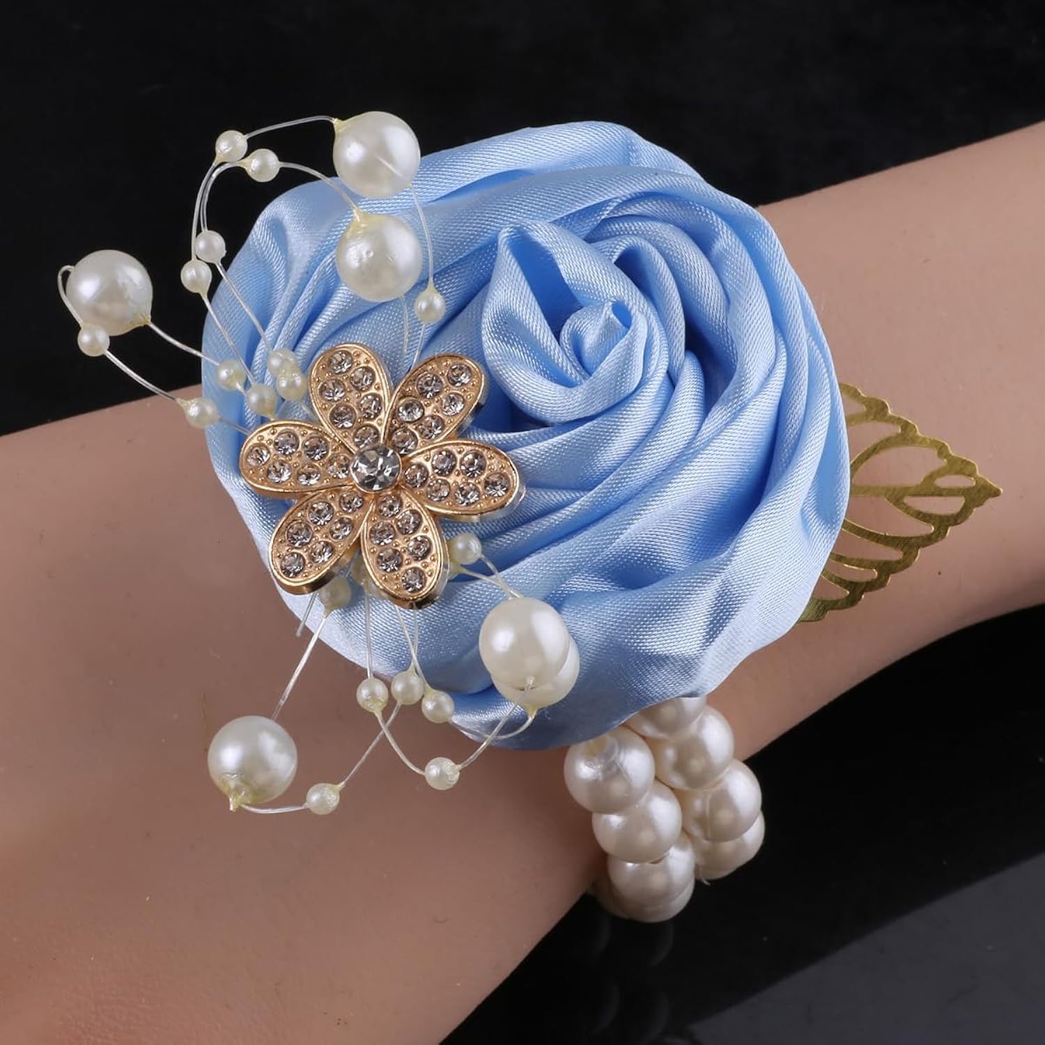 5Pcs Pearl Beaded Satin Wrist Corsage Artificial Flowers, Women Corsages Wristlet Décor For Prom/Wedding/Anniversary, Etc. (Baby Blue)