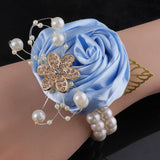 5Pcs Pearl Beaded Satin Wrist Corsage Artificial Flowers, Women Corsages Wristlet Décor For Prom/Wedding/Anniversary, Etc. (Baby Blue)
