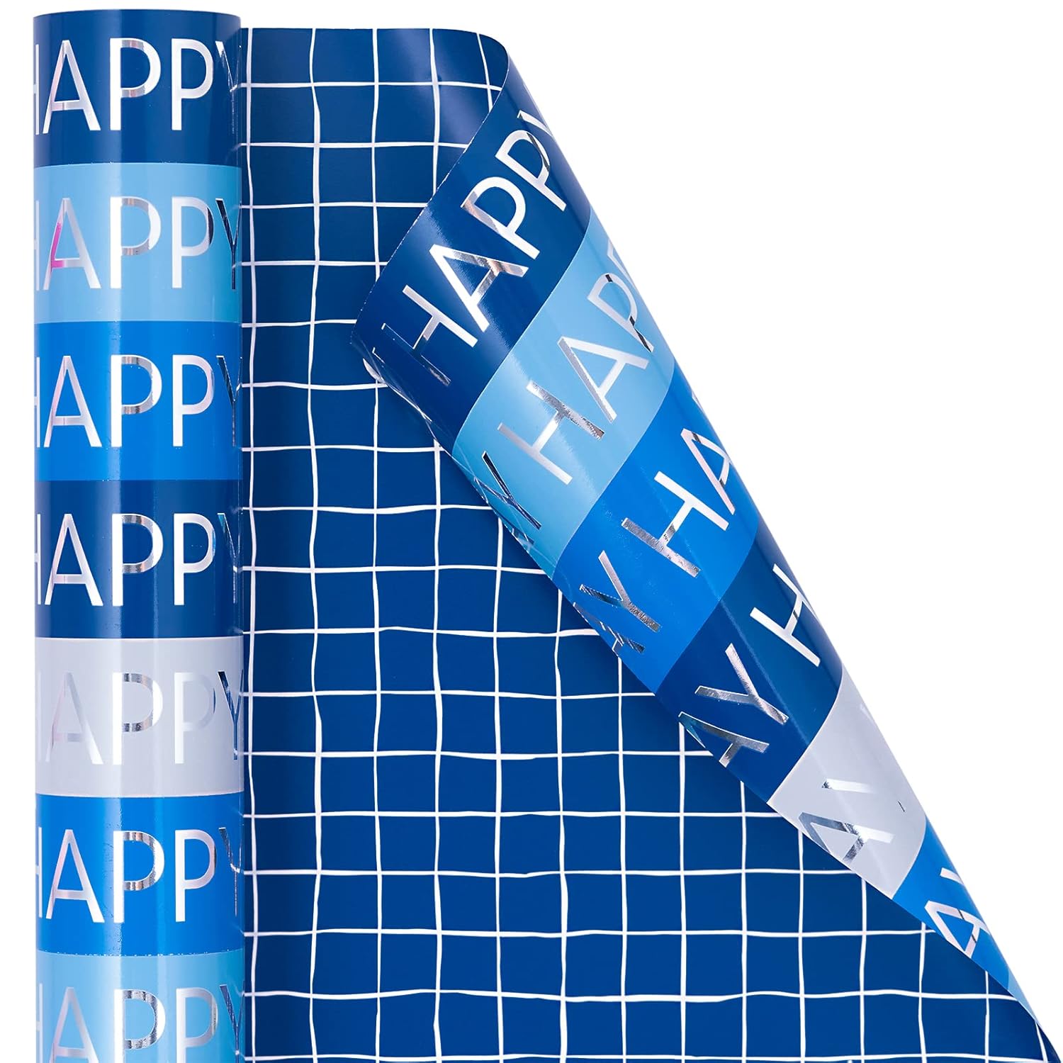 Reversible Wrapping Paper Roll For Men Women, Mini Roll, Happy Birthday And Plaid Pattern Gift Wrap Paper Great For Birthday, Party, Baby Shower, 17.5 Inches X 32.8 Feet