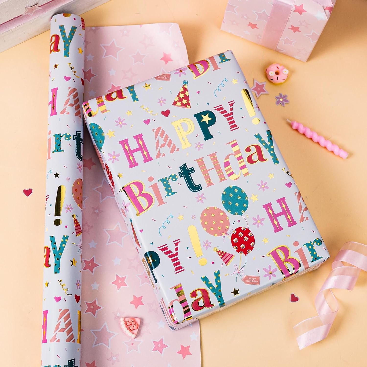 Reversible Colorful Wrapping Paper - Mini Roll - 17 In X 16.5 Ft(23.3 Sq.Ft.Ttl.) Foil Happy Birthday Letter & Balloon Design For Birthday
