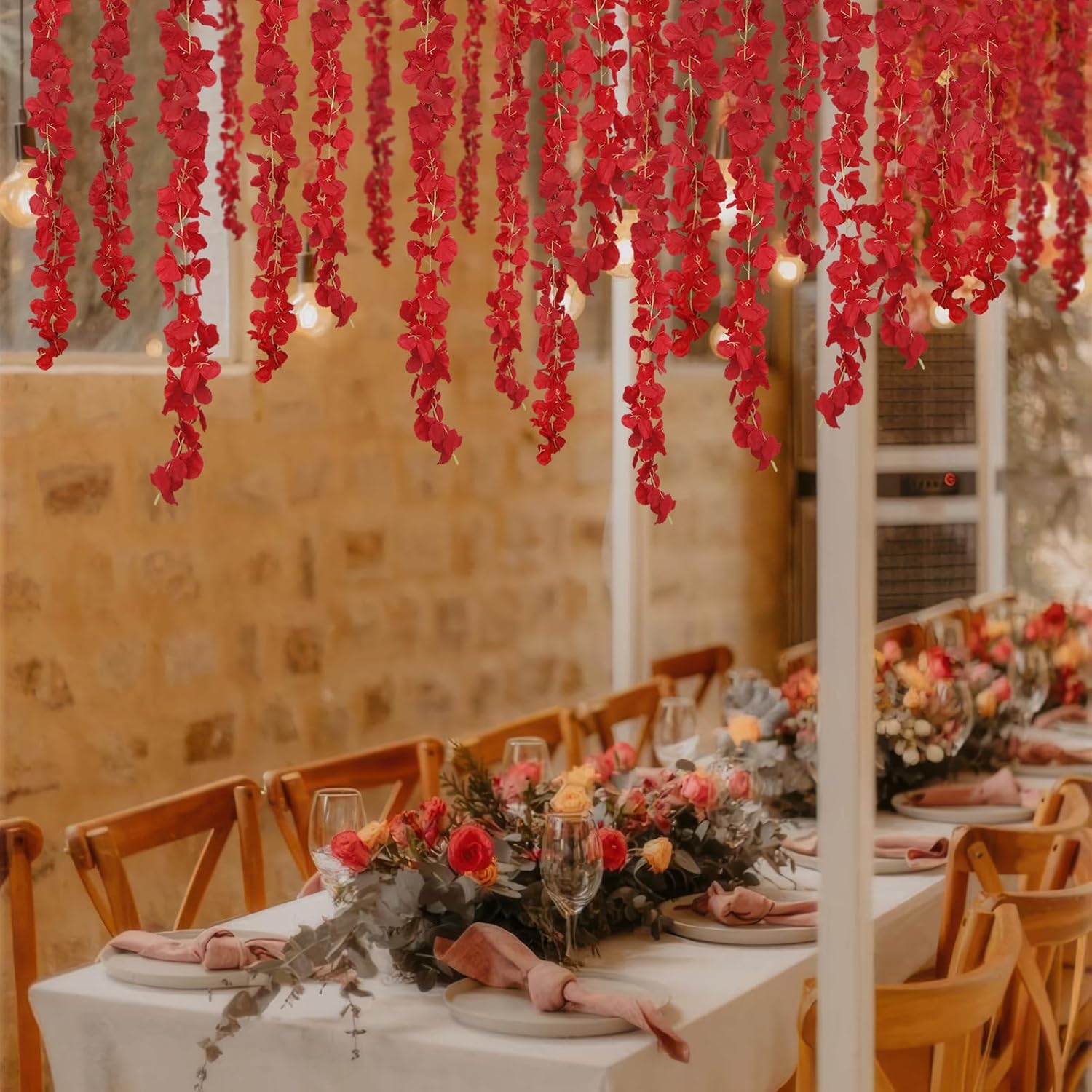 6 Pcs Wisteria Flower Garlands Red Artificial Wisteria Hanging Flowers 6.7 Feet Silk Flowers Vines Hydrangea Garland For Backdrop Wedding Arch Party Outdoor Home Wall Garden Table Decor