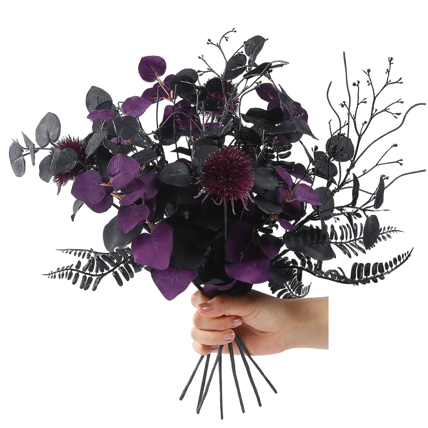 7Pcs 18" Faux Halloween Floral Picks Tabel Centerpieces Decoration, Artificial Gothic Black Purple Eucalyptus Leaves Flowers Stems Picks Bouquet Decor (Blk-Purple)