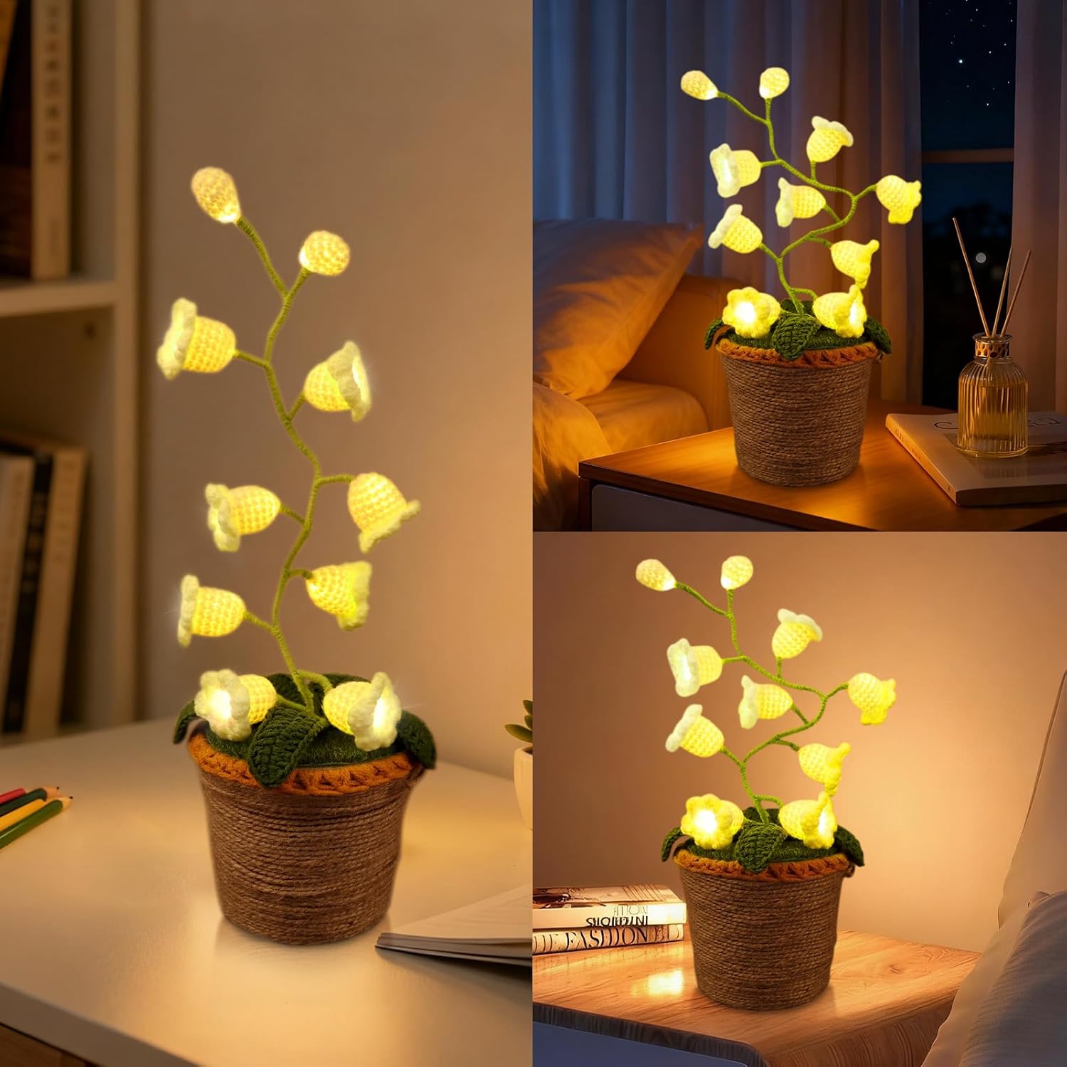 Lily Of The Valley Lamp, Crochet Artificial Flowers With 10 Little Night Lights, Cordless Flower Bedside Lamps Small Table Lamp For Mothers Day,Birthday Gifts,Christmas,Valentine Home Decor (White)