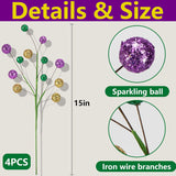 4 Pack 15" Large Mardi Gras Ball Centerpiece Stems, Mardi Gras Artificial Glitter Berry Stems Ornaments, Shiny Purple Gold Green Berry Branches Twigs Picks Sprays For Carnival Party Home Decor