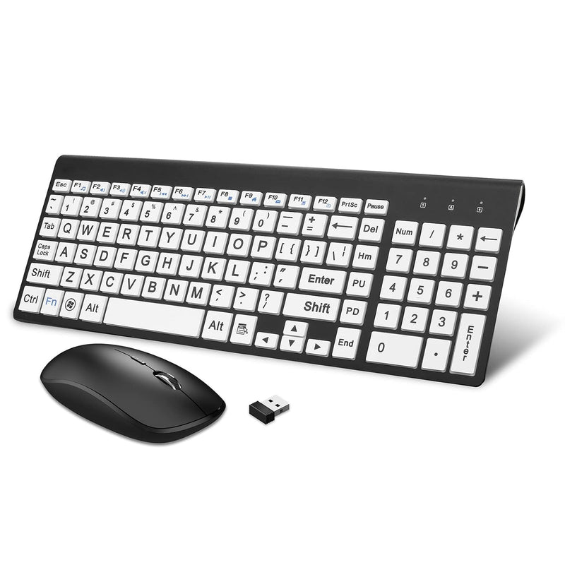 -Wireless Large Print Keyboard And Mouse Combo Set With Usb Receiver For Visua