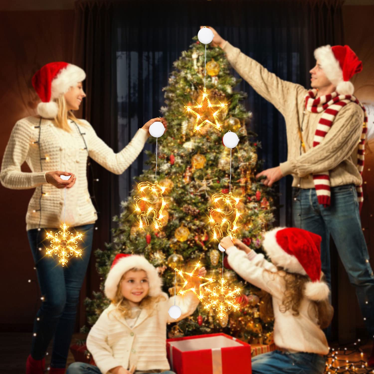3Pcs Christmas Window Lights, Christmas Window Decorations Battery Powered Hanging Christmas Lights Snowflake & Star & E