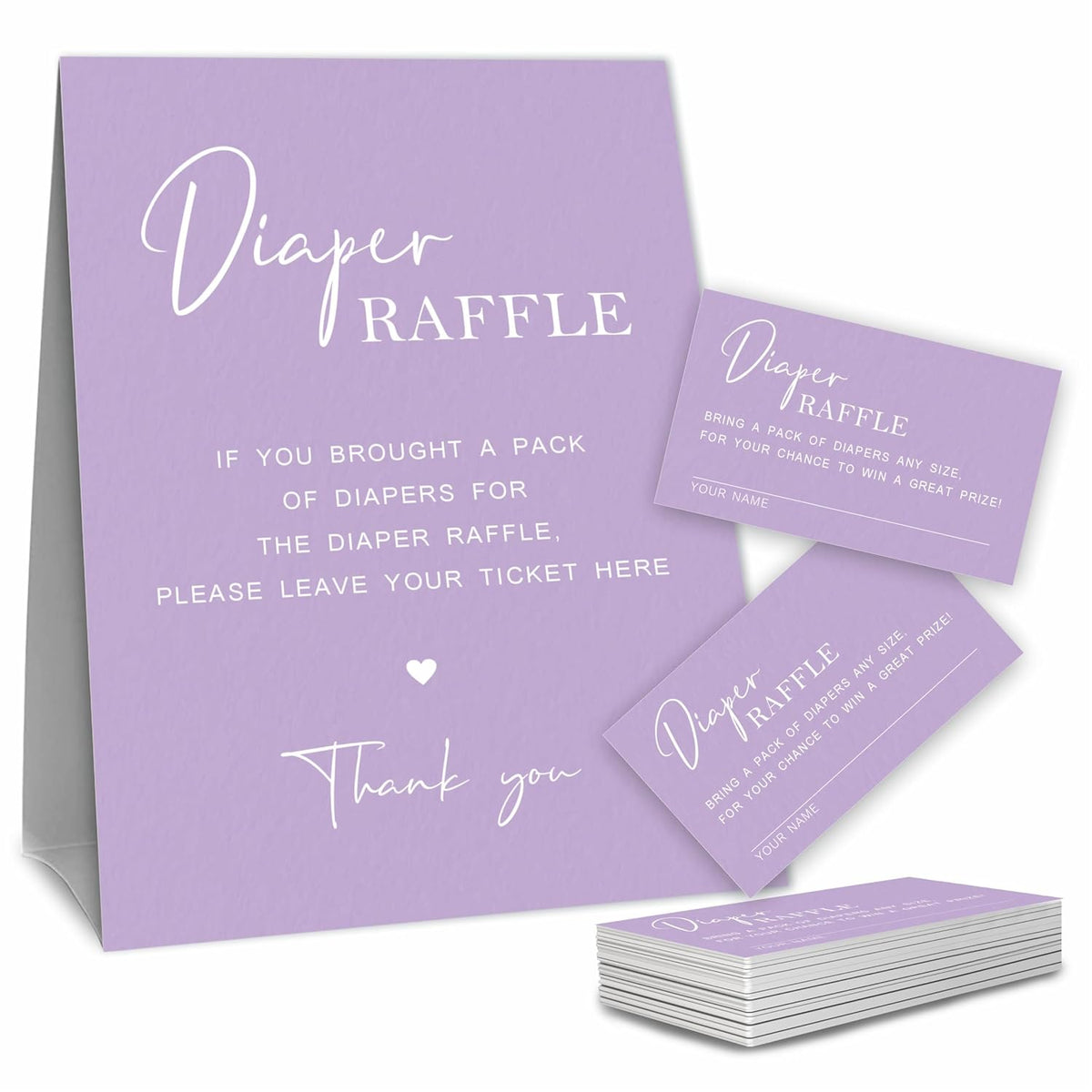 Baby Shower Diaper Raffle Game Set, Calligraphy Purple Theme, 1 Standing Sign & 50 Raffle Tickets, Baby Shower Game Kit, Gender Reveal Party Supplies - A18