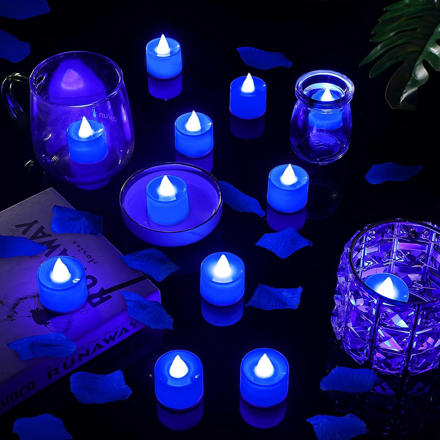 Artificial Rose Petals With 24 Pieces Romantic Heart Flameless Candle Love Led Tealights Candle For Romantic Night For Him Set Anniversary Wedding Honeymoon(Blue)