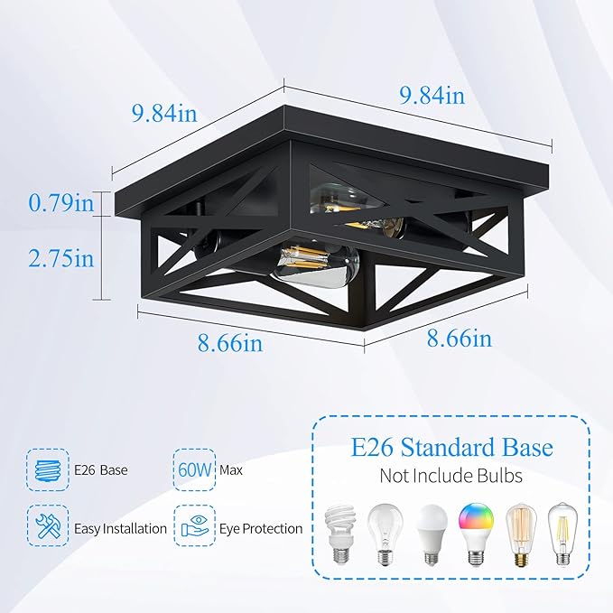 2 Pack Black Flush Mount Ceiling Light Fixtures 2 Light Square Farmhouse Ceiling Lights