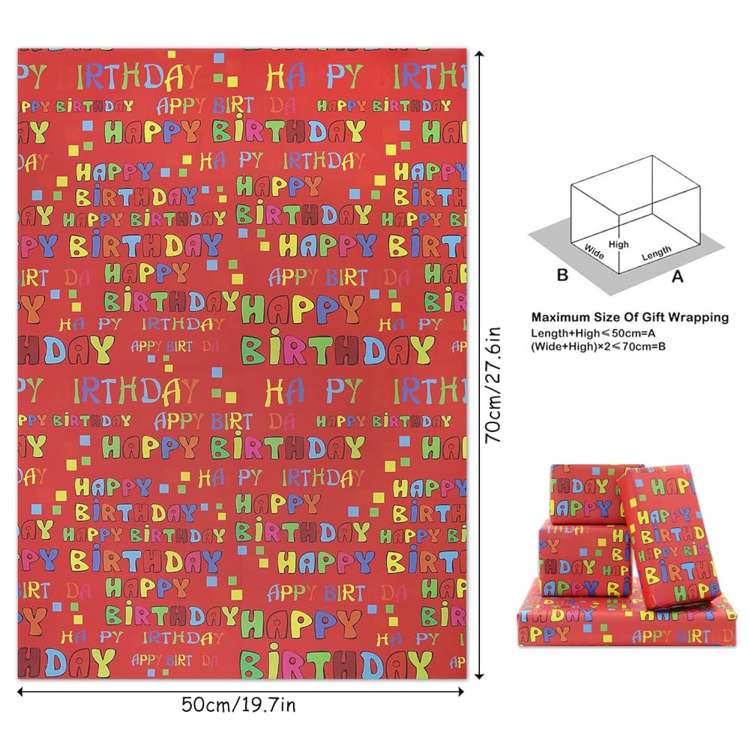 Happy Birthday Letter On Red Wrapping Paper For Kids Girls Boys Women Men, 4 Sheets Folded Flat 20X28 Inches Per Sheet, Red Gift Wrap For 1St Birthday Party Baby Shower Holiday Kindergarten And More