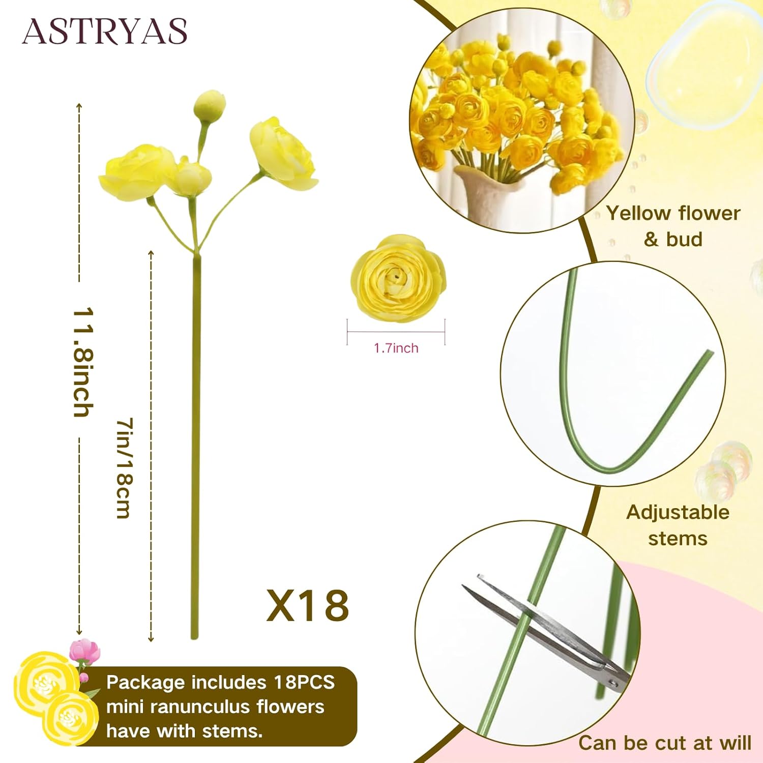 18Pcs Ranunculus Artificial Flowers, Yellow Faux Silk Mini Peony Flowers Fake Peonies Wedding Flowers Diy Bouquet For Centerpieces Arrangements Bridal Shower Decorations