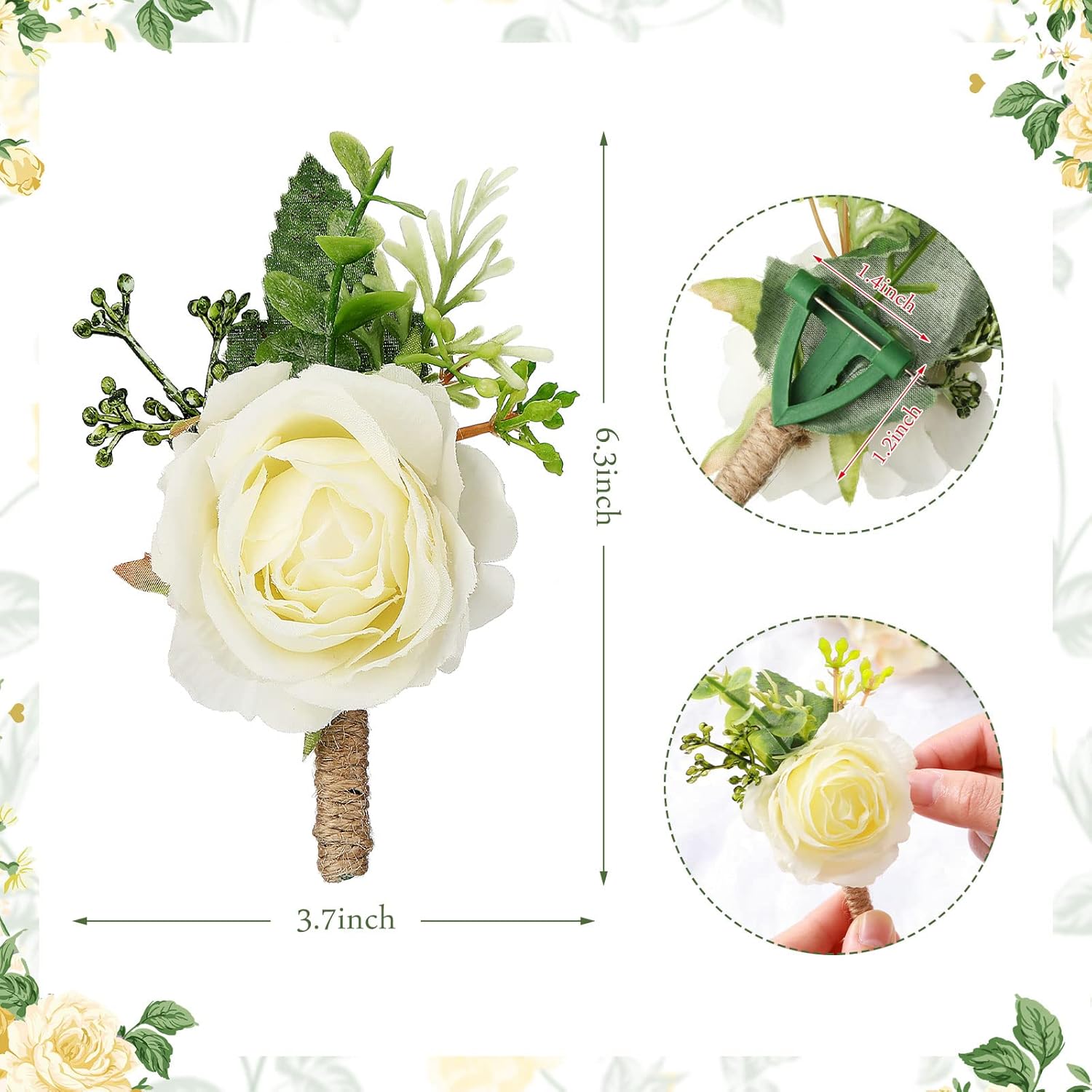 48 Pcs Wedding Rose Boutonnieres For Men Wedding Groomsmen Artificial Corsage Groom Boutonniere Artificial Faux Flower For Prom Ceremony Party Rustic Marriage (White)