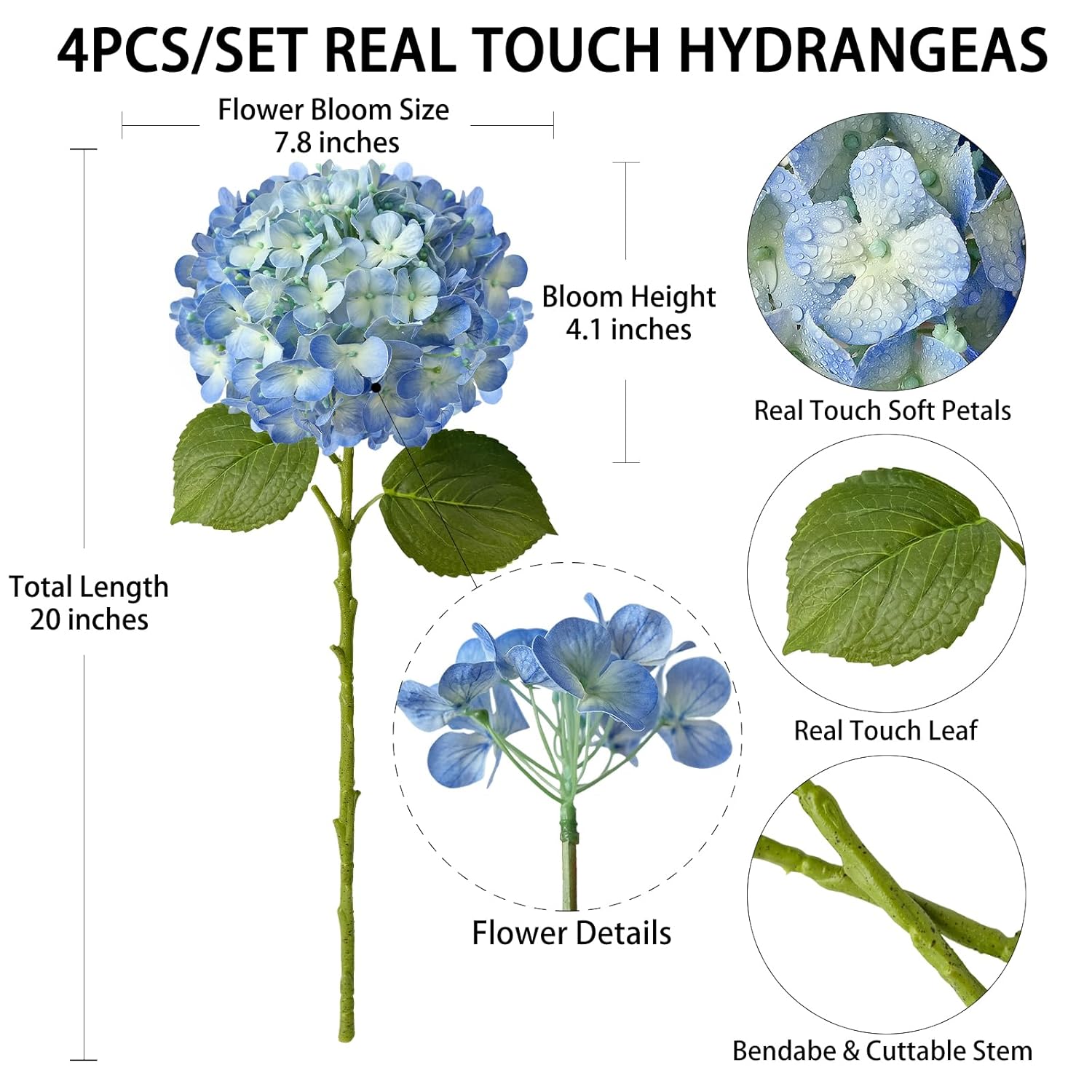 4 Pcs Real Touch Blue Hydrangeas Artificial Flowers 20'' Real Looking Faux Hydrangeas For Party Wedding Home Decor Kitchen Baby Shower Flower Arrangement