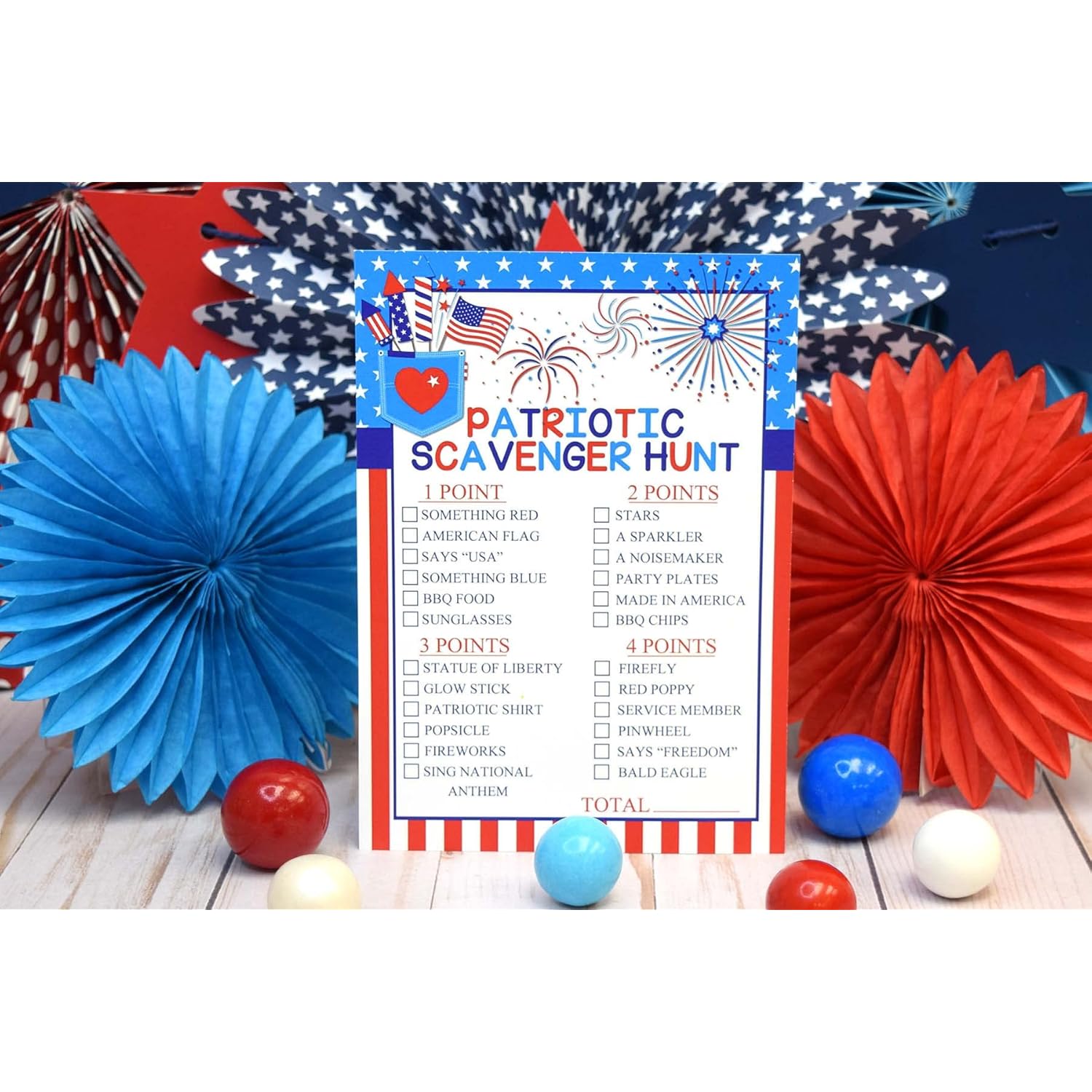 Food, Friends & Fireworks Word Search And Scavenger Hunt Patriotic Game Cards, Ten 5" X 7" Fill-In Game Cards