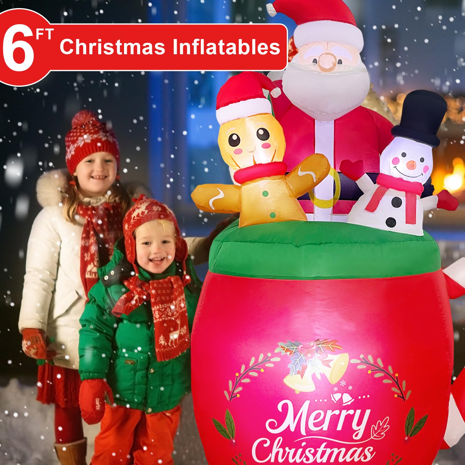 6 Ft Christmas Inflatables Outdoor Decoration, Santa Claus Snowman Gingerbread Man In Xmas Mug For Outdoor Christmas Dec